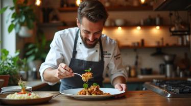 Een Belgische chef-kok die een gerecht opmaakt