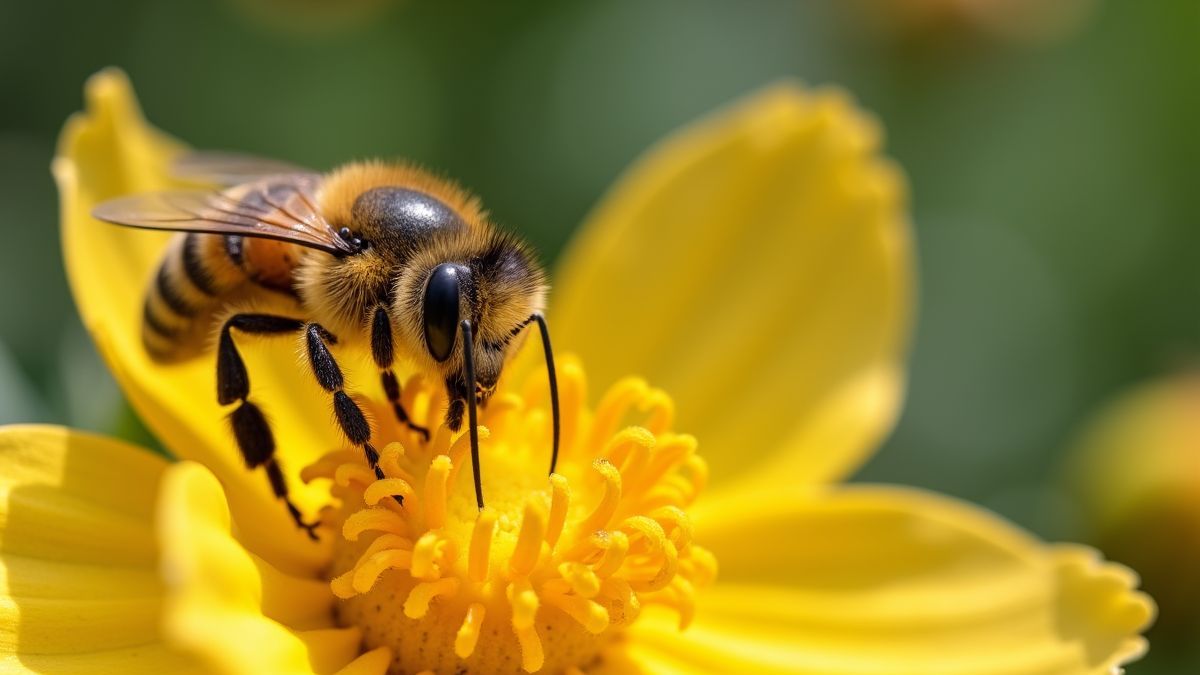 Een bij die een bloem bestuift