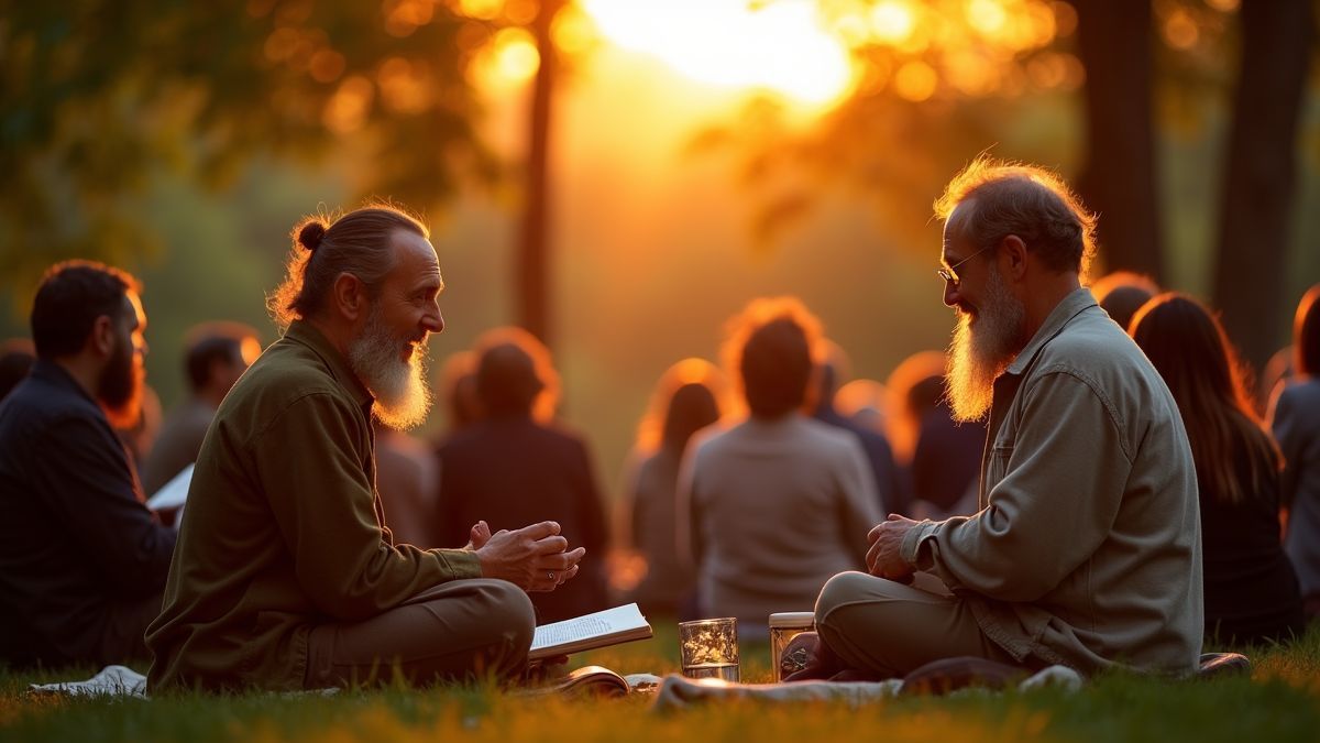 Een bijeenkomst van mensen die Rumi's poëzie bespreken in een park