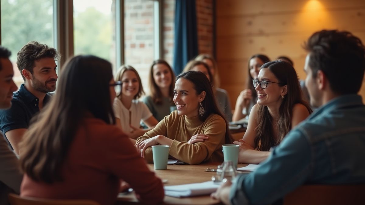 Een bijeenkomst van mensen die sociale kwesties bespreken over diversiteit en acceptatie.