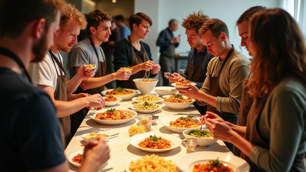 Een bijeenkomst van pastaliefhebbers die recepten delen.