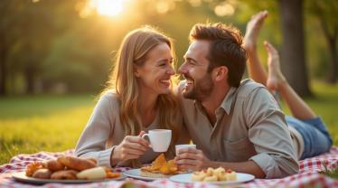 Een blijdschap koppeltje genietend van een romantische picknick.