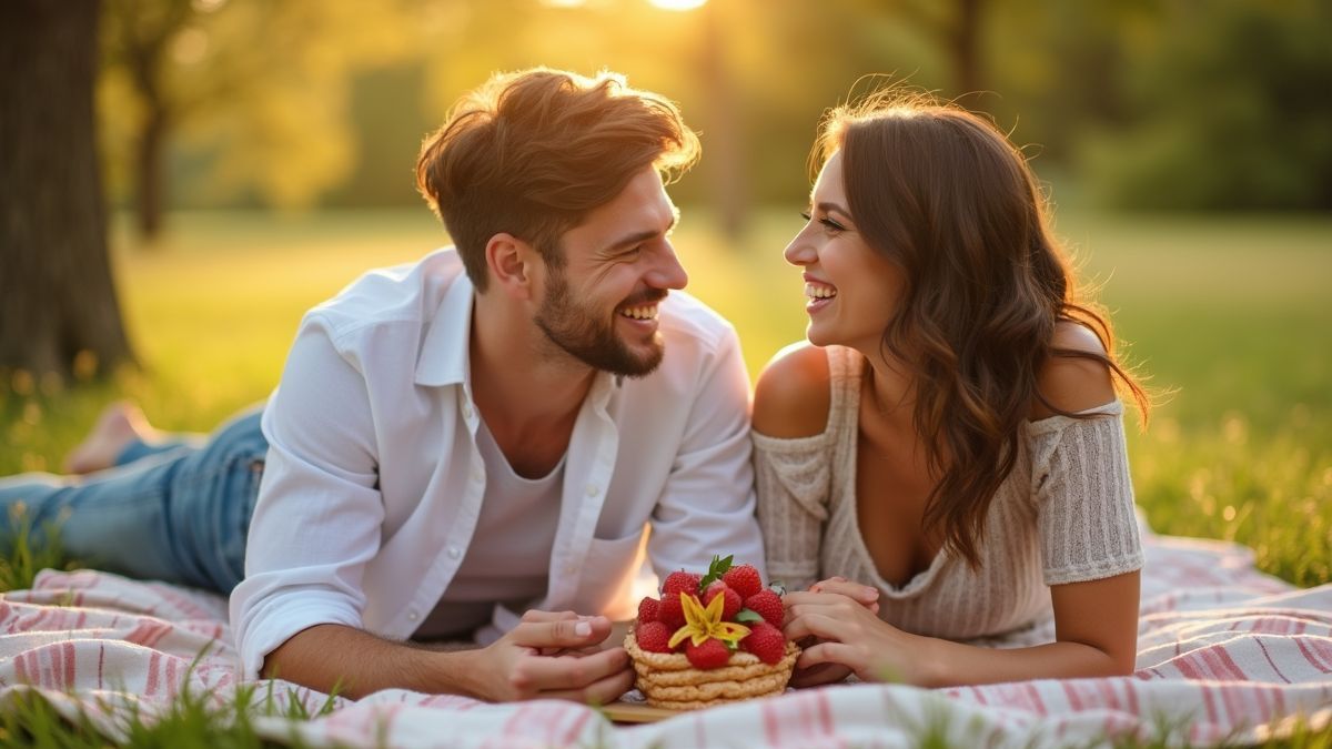 Een blijdschap koppeltje genietend van een romantische picknick.