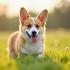 Een blije Corgi die speelt in een veld
