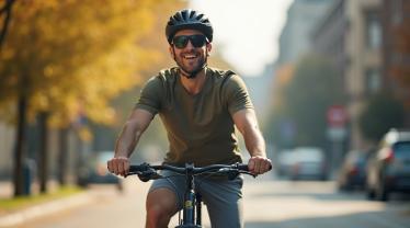 Een blije fietser die naar het werk fietst op een zonnige dag in een stedelijke omgeving