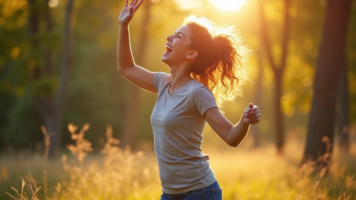 Een blije persoon die buiten danst, omgeven door de natuur