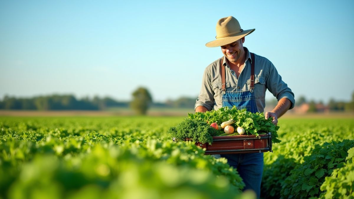 Een boer die gewassen oogst onder een blauwe lucht.
