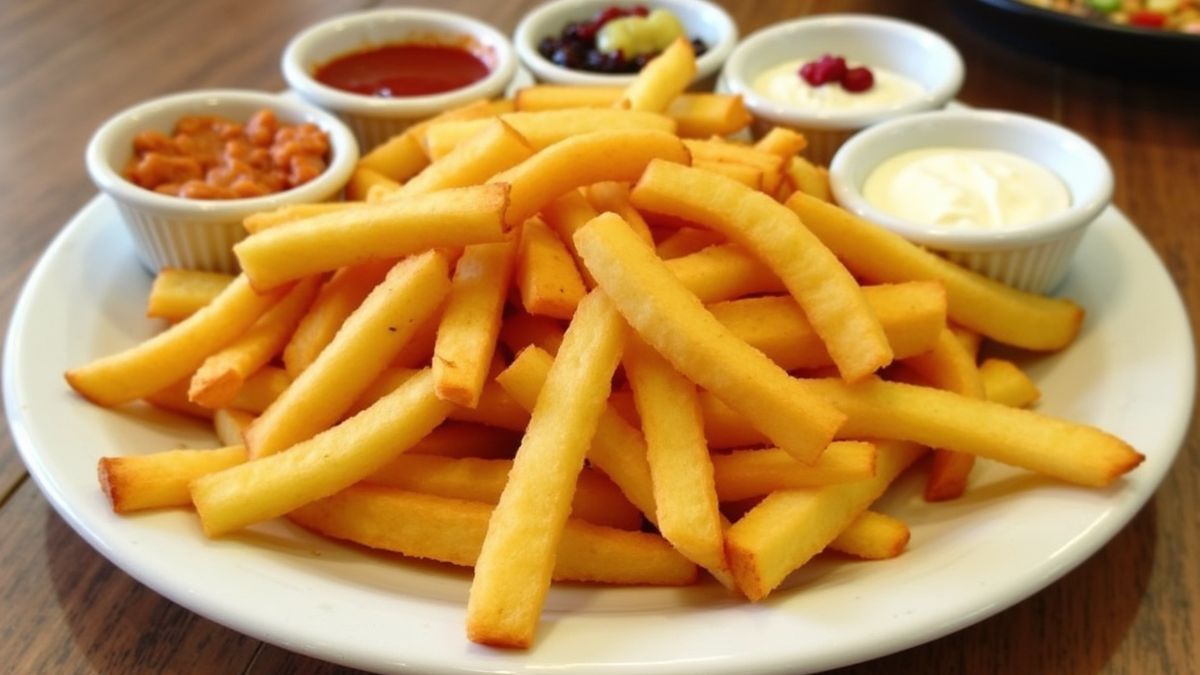 Een bord julienne frieten geserveerd met verschillende sauzen.