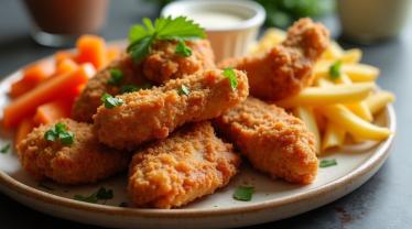 Een bord met knapperige gefrituurde kip met bijgerechten