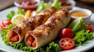 Een bord met smakelijke shawarma met verse groenten en sauzen