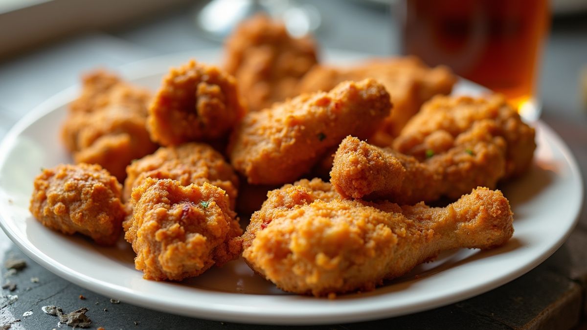 Een bord met verschillende soorten gefrituurde kip