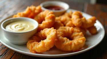 Een bord met verschillende soorten tempura en dipsauzen