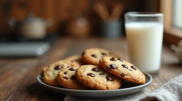 Een bord met warme chocolate chip cookies met een glas melk