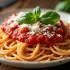 Een bord spaghetti met tomatensaus, basilicum en Parmezaanse kaas.
