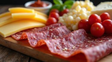 Een borrelplank met verschillende salami en kaas