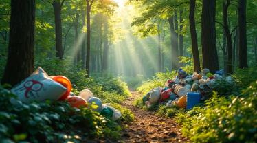 Een bos vol groene bomen en zonlicht met sorteerde recyclebare items.