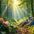 Een bos vol groene bomen en zonlicht met sorteerde recyclebare items.