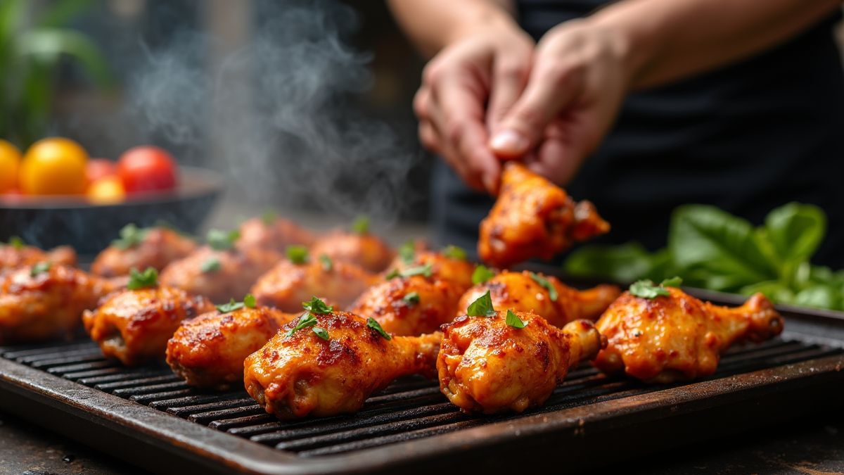 Een chef die creatieve kippenvleugels grilt met verschillende marinades