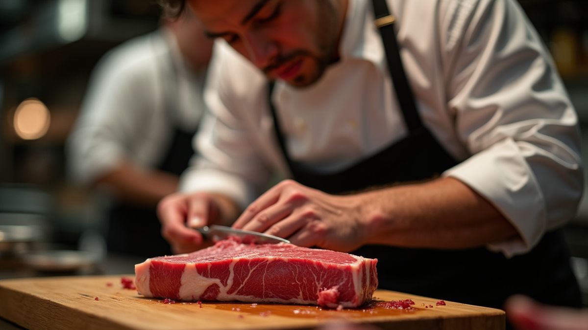 Een chef die deskundig Wagyu steak bereidt in een luxe restaurantkeuken.