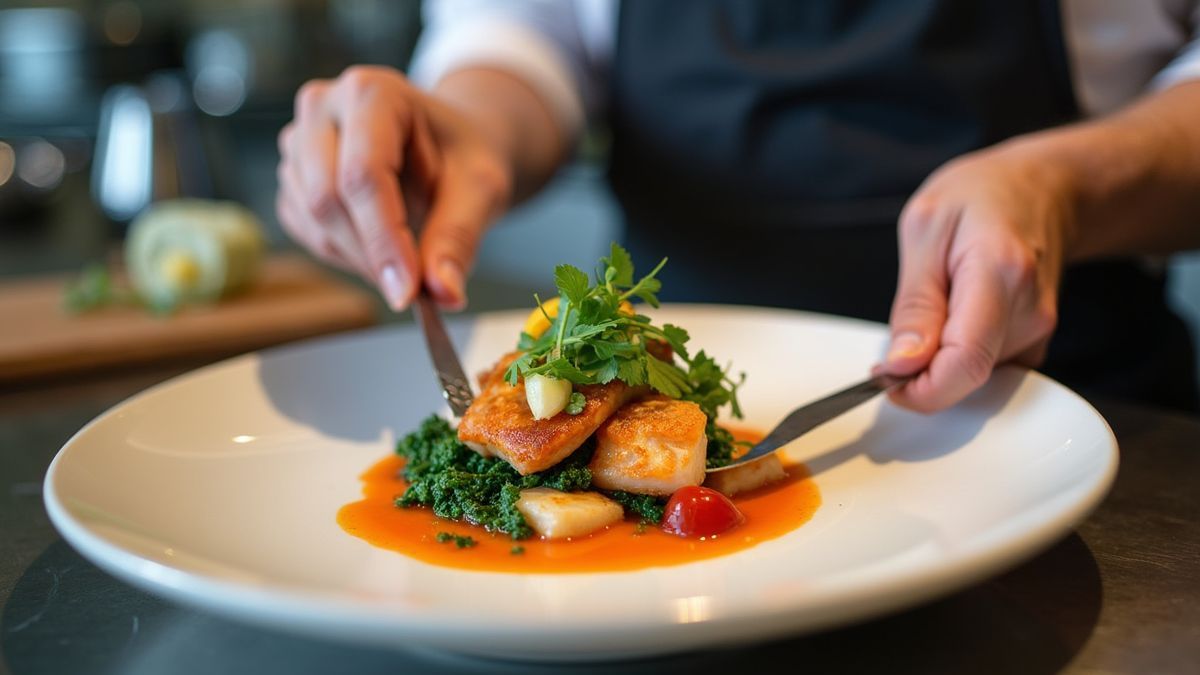 Een chef die een gerecht met duurzame visbereiding bereidt.