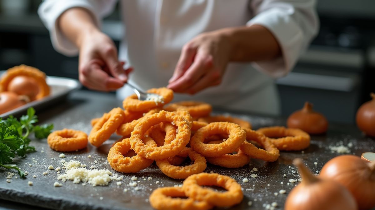 Een chef die uienringen bereidt in een keuken.