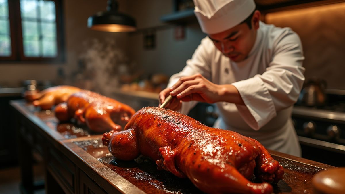 Een chef die vakkundig Peking eend bereidt in een traditionele keuken.