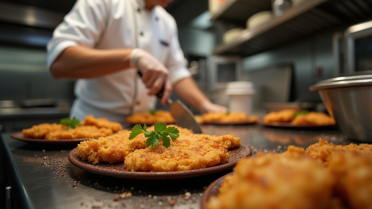 Een chef-kok maakt Wiener Schnitzel in een restaurantkeuken