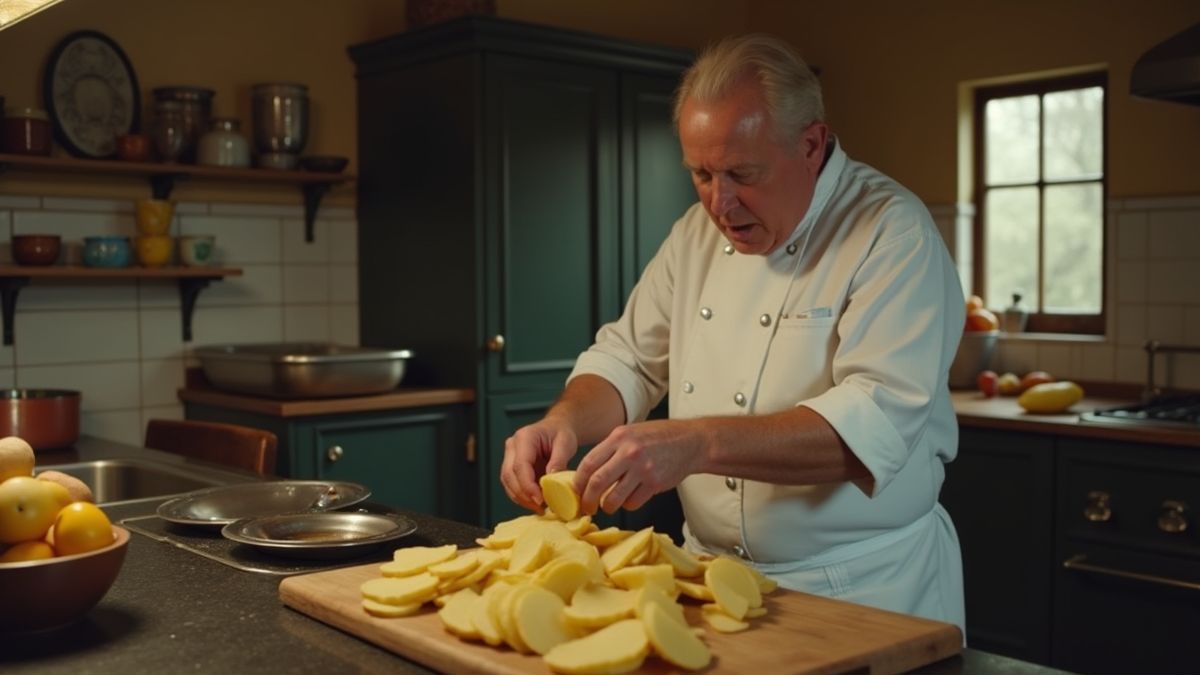 Een chef-kok met dun gesneden aardappelen in een ouderwetse keuken.