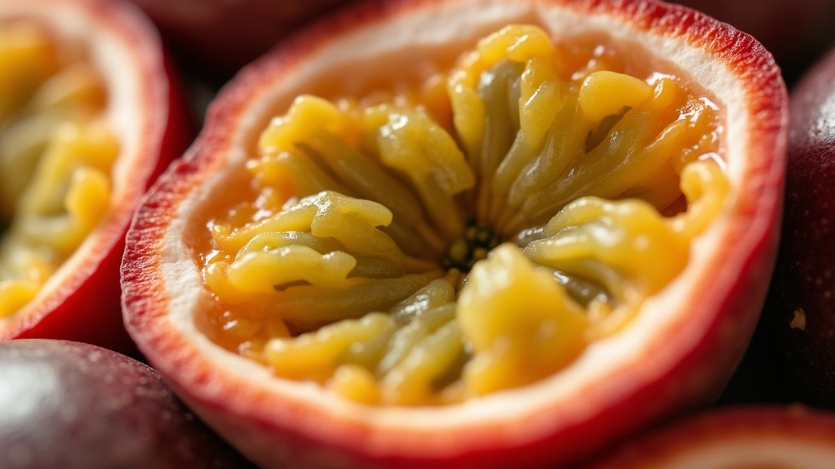 Een close-up van een open passievrucht met sappige binnenkant.