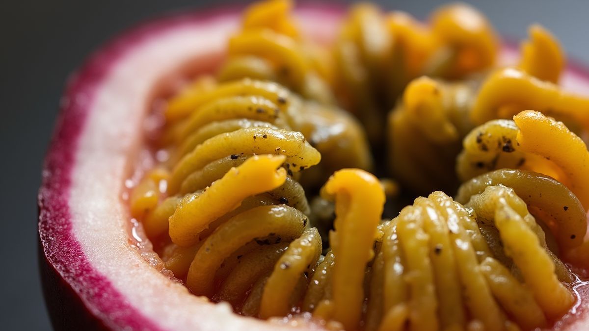 Een close-up van een open passievrucht met sappige binnenkant.