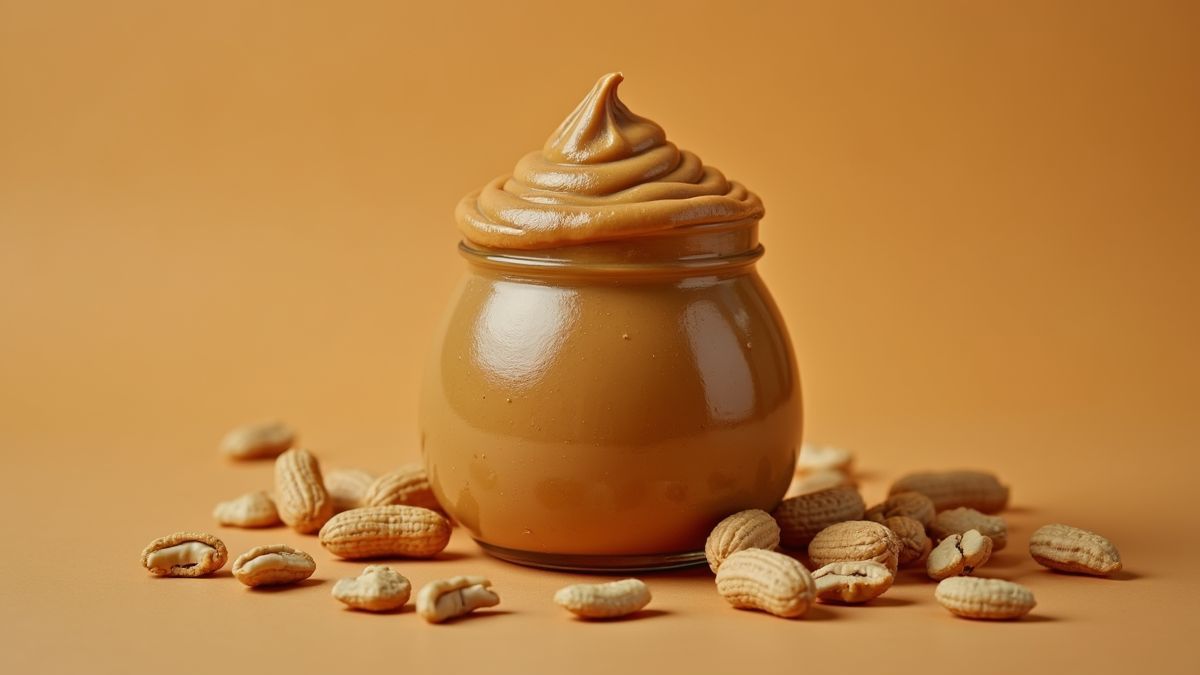 Een close-up van een pot pindakaas met verspreide pinda's.
