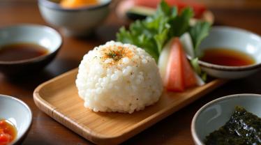 Een close-up van een verse Japanse rijstbal op een bamboe bord.