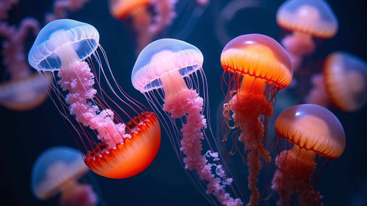 Een close-up van verschillende kwallensoorten die hun kleurrijke lichamen tonen