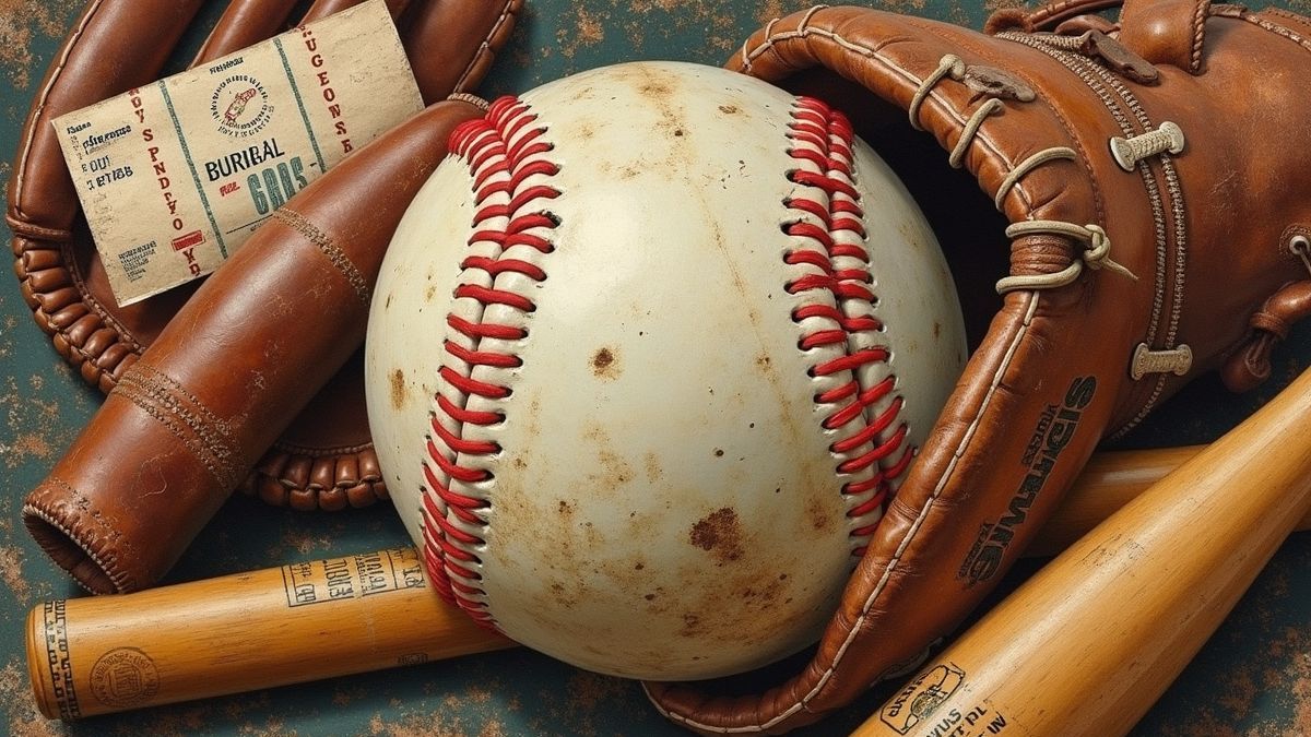 Een collage met baseball memorabilia zoals handschoenen, knuppels, en oude tickets.