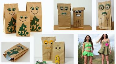 Een collage van creatieve papieren zakknutsels en ecologische mode.