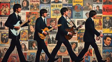 Een collage van de iconische albumhoezen van The Beatles.