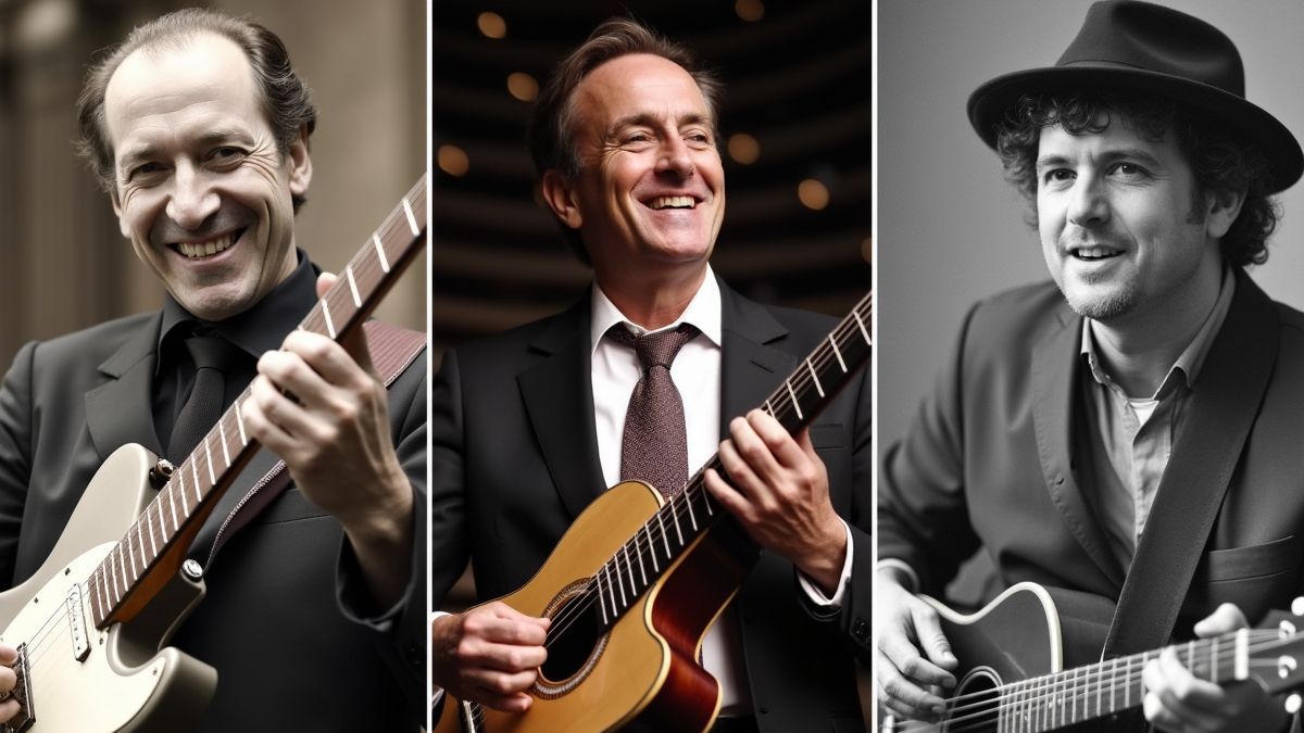 Een collage van historische muziekevenementen met beroemde muzikanten