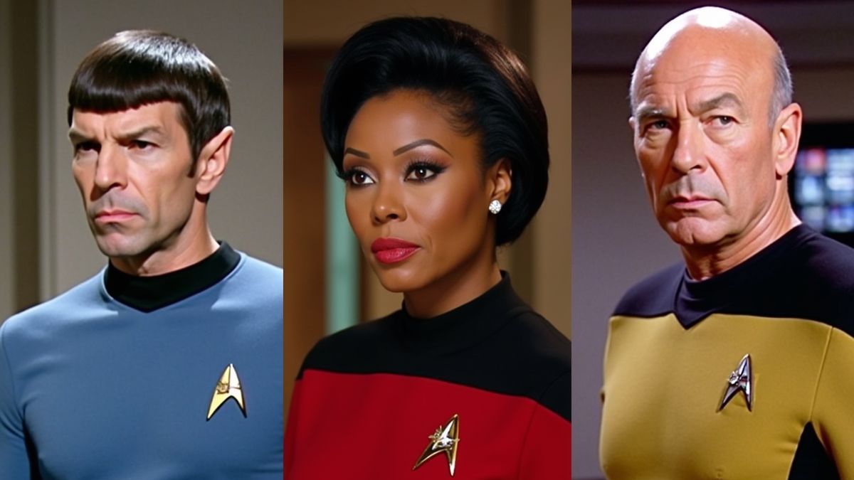 Een collage van iconische Star Trek-personages, waaronder Spock, Uhura en Captain Picard
