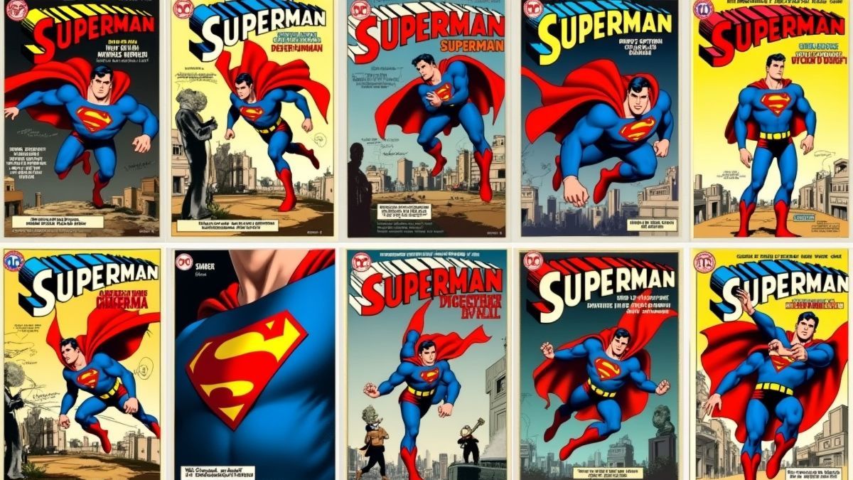 Een collage van Superman stripboekomslagen door de jaren heen