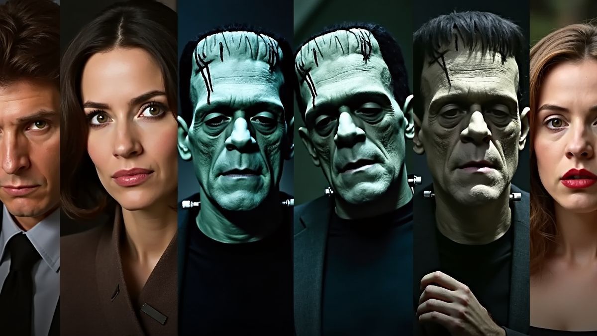 Een collage van verschillende aanpassingen van Frankenstein in verschillende media
