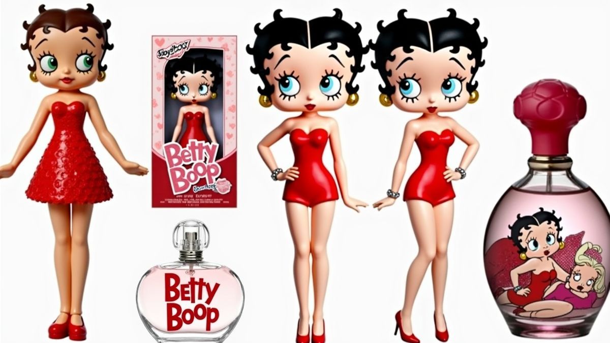 Een collage van verschillende Betty Boop-merchandise, waaronder speelgoed en parfum.