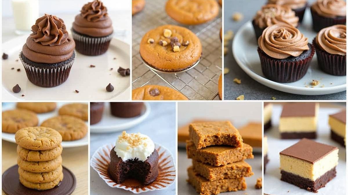 Een collage van verschillende desserts met pindakaas en chocolade.