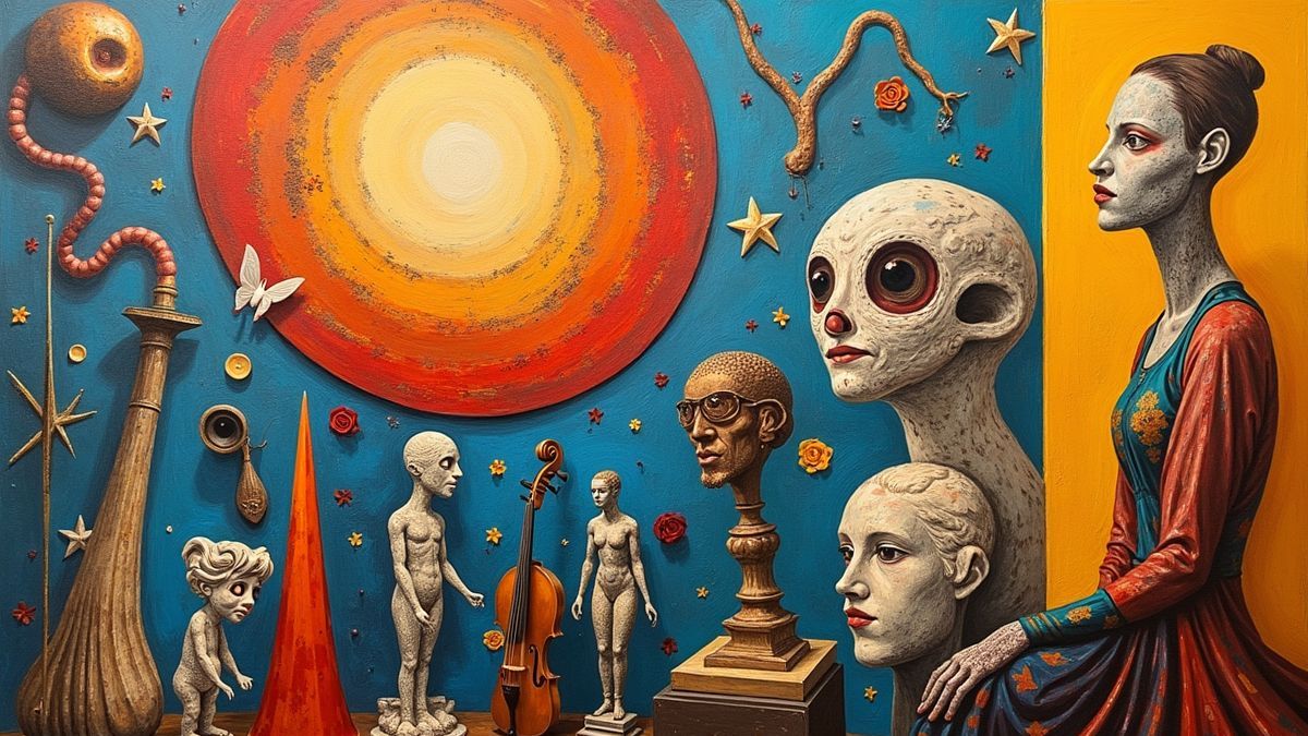 Een collage van verschillende kunstvormen zoals schilderkunst, beeldhouwkunst en muziek