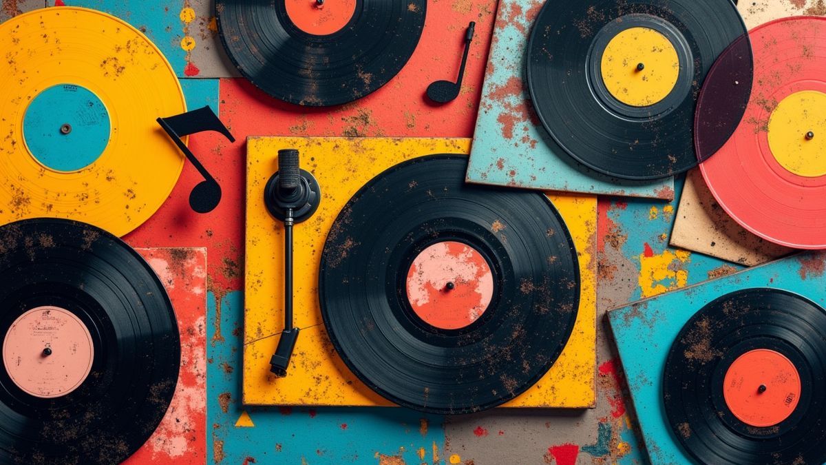 Een collage van verschillende vinylplaten en een draaitafel