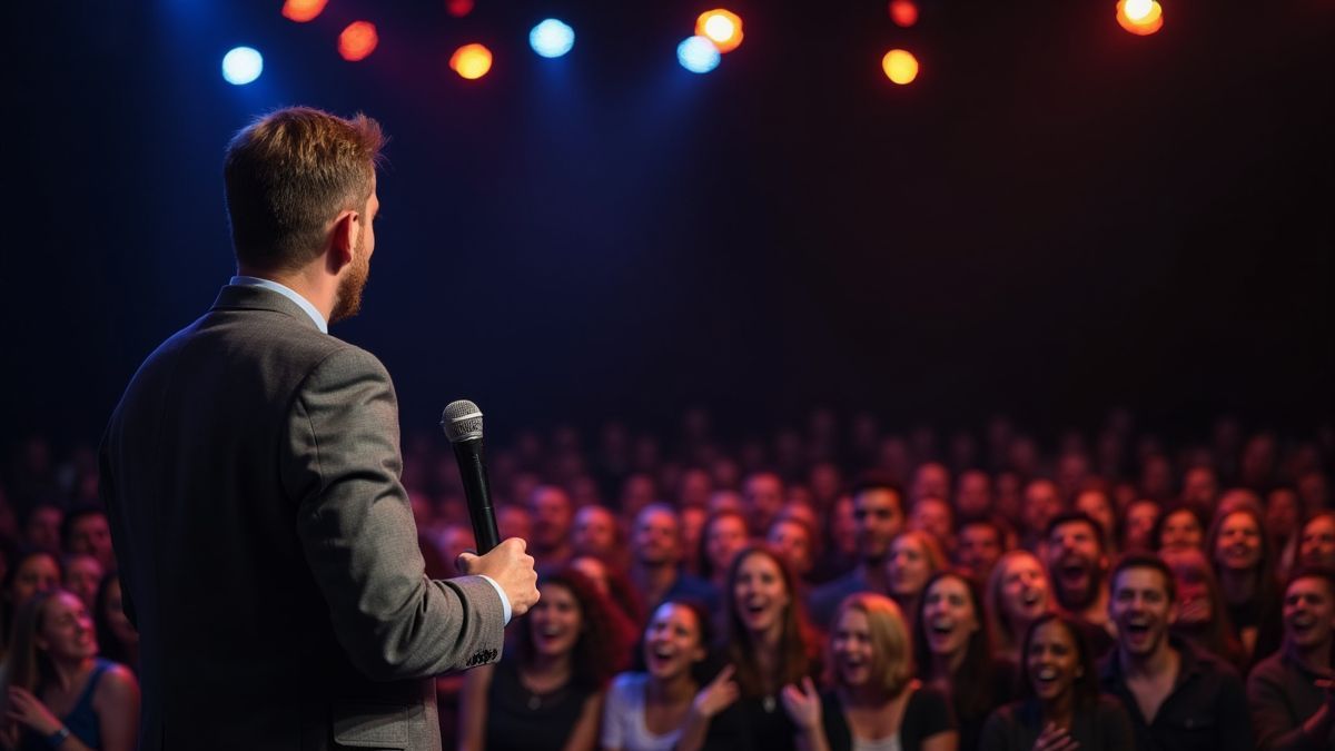Een comedian die op het podium staat voor een lachend publiek