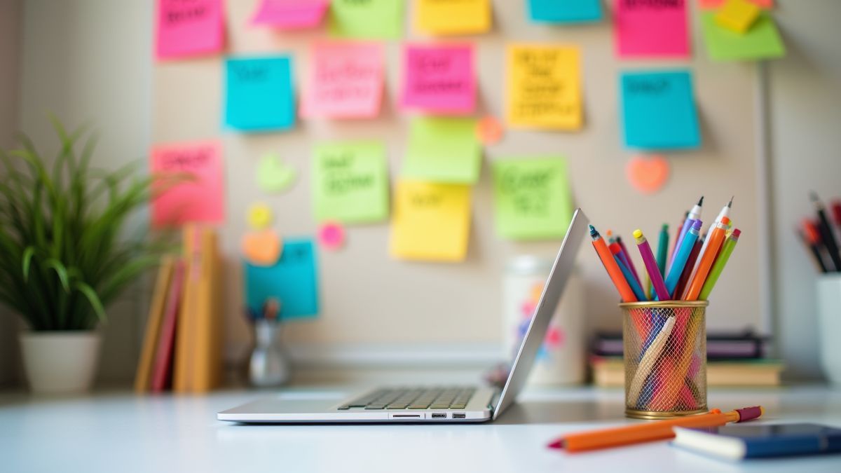 Een creatieve werkplek met kleurrijke post-its en herinneringen.