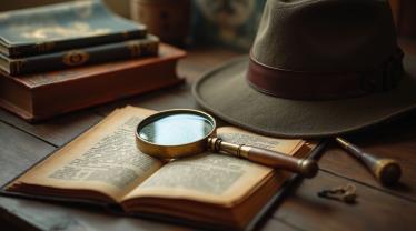 Een detectives workspace met een vergrootglas en oude boeken