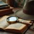 Een detectives workspace met een vergrootglas en oude boeken