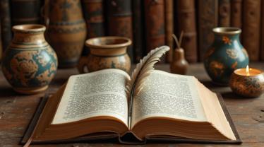 Een dichtbundel met een ganzenveer op een tafel