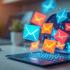 Een digitale mailbox vol met kleurrijke e-mails op een moderne werkplek.